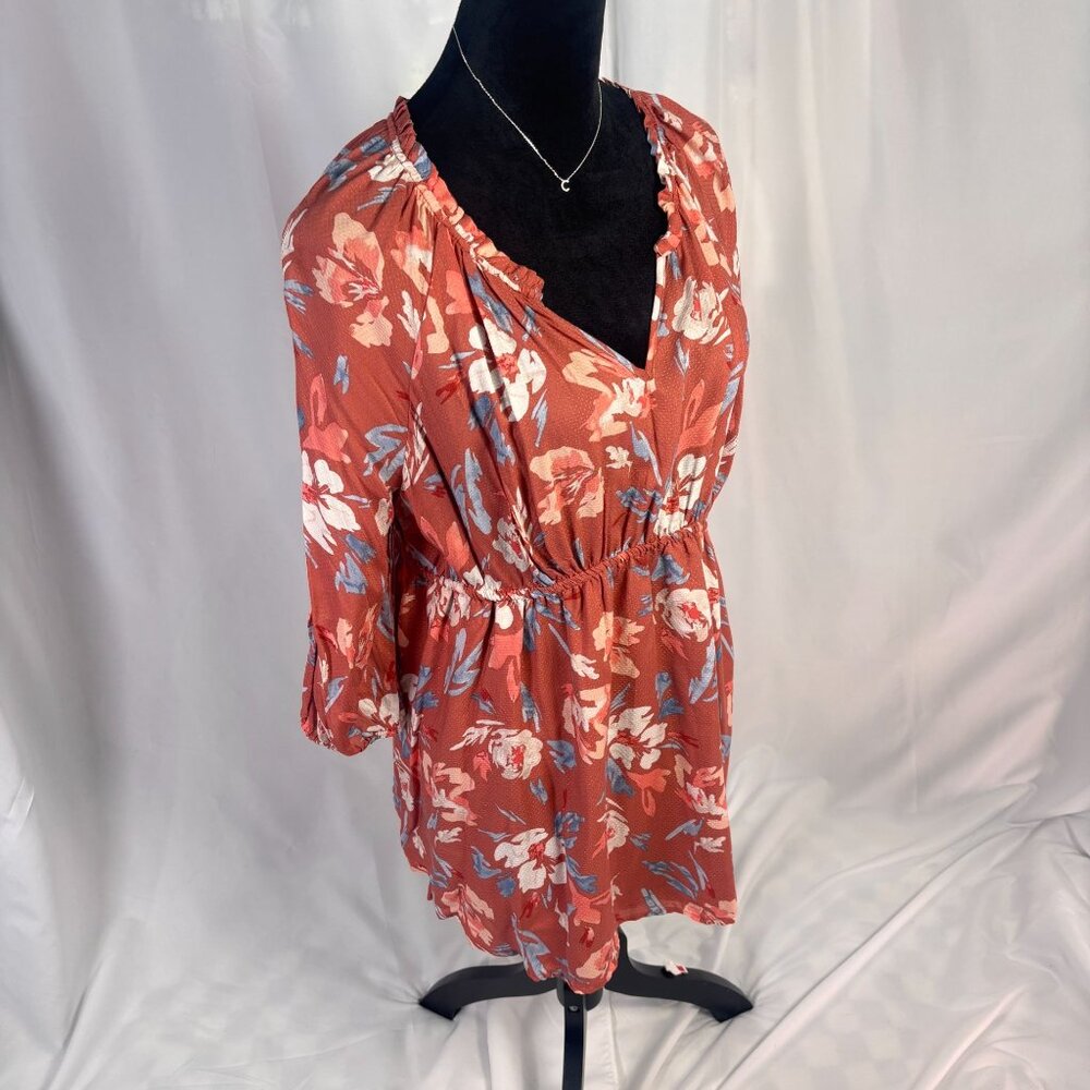 Isabel Maternity Floral Rust Dress With 3/4 Sleeves & Empire Waist size Large - Picture 4 of 8
